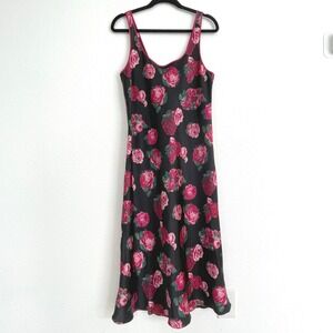 Cruz Vintage Floral Satin Midi Slip Dress Black Pink Rose Size M  Sleeveless